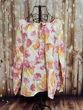 LOFT Pink & Yellow Floral Tie-Neck Tunic